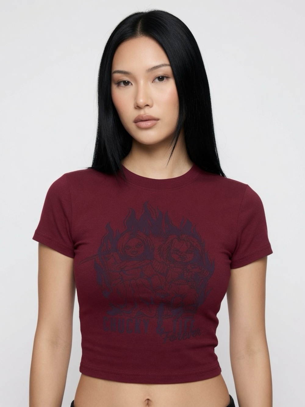 Burgundy Chucky & Tiffany Graphic Baby-Tee | Size XS